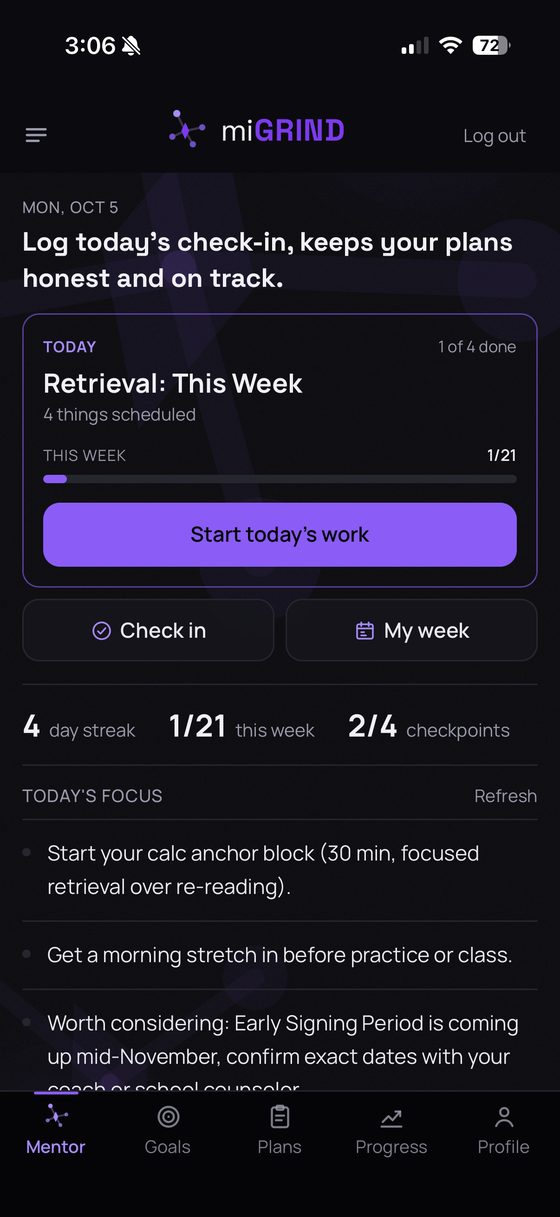 miGRIND app screen: Mentor today