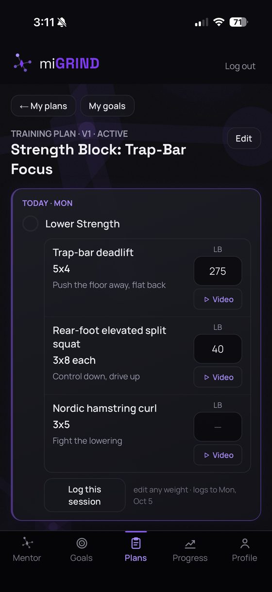miGRIND app screen: Strength plan