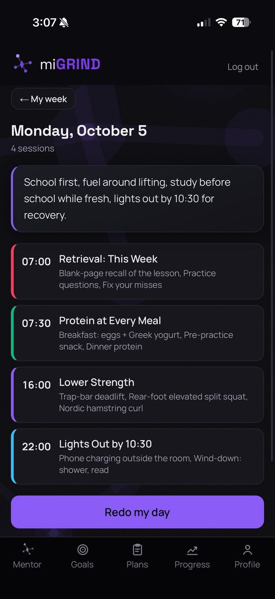 miGRIND app screen: Daily schedule